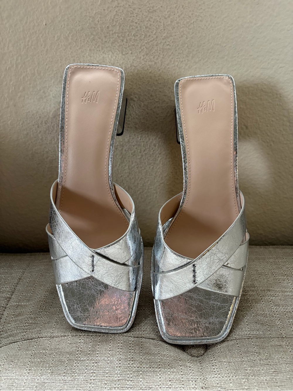 H&M Metallic Silver Crisscross Square-Toe Mules